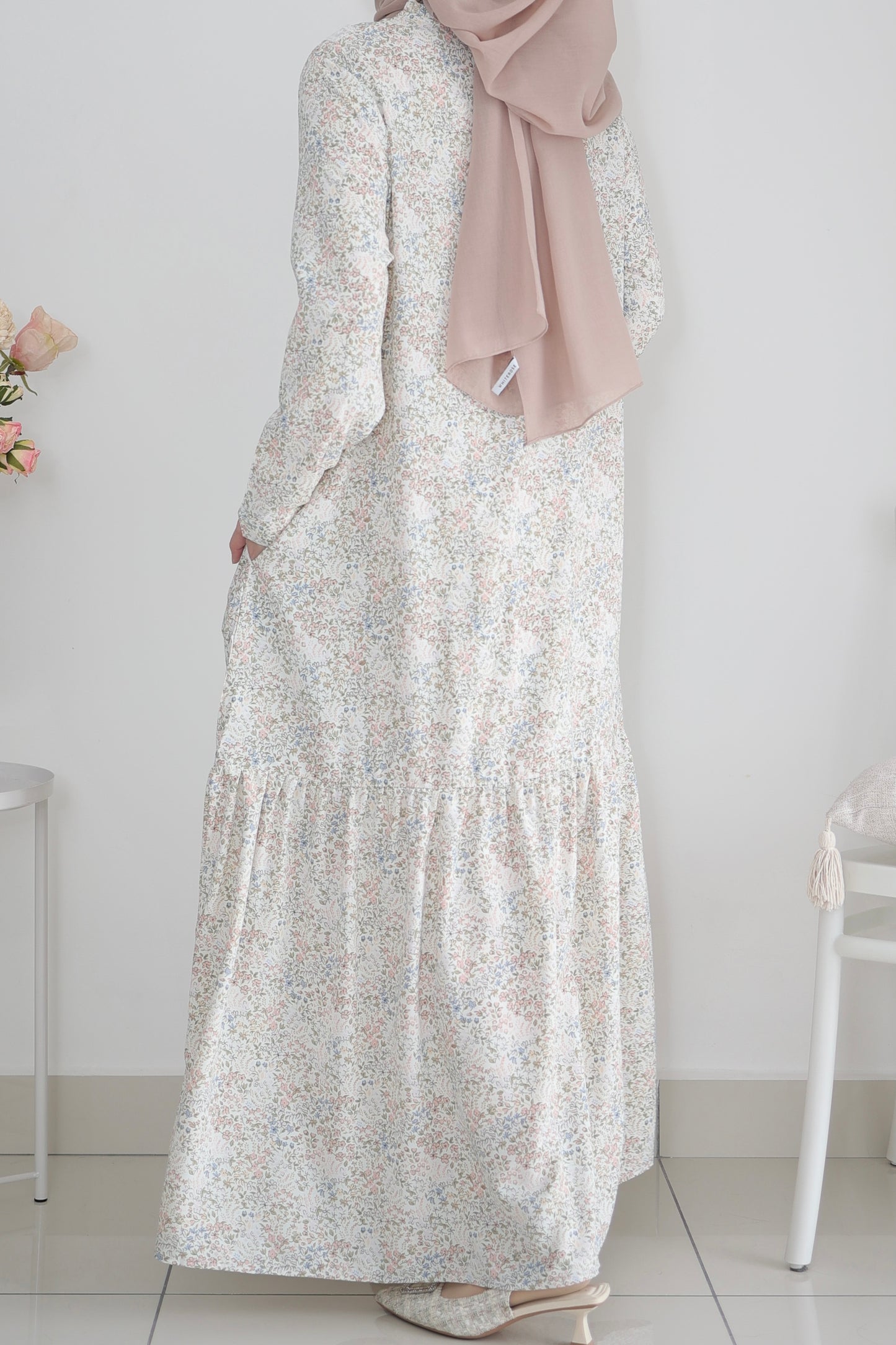 Helene Long Dress in Pastel White