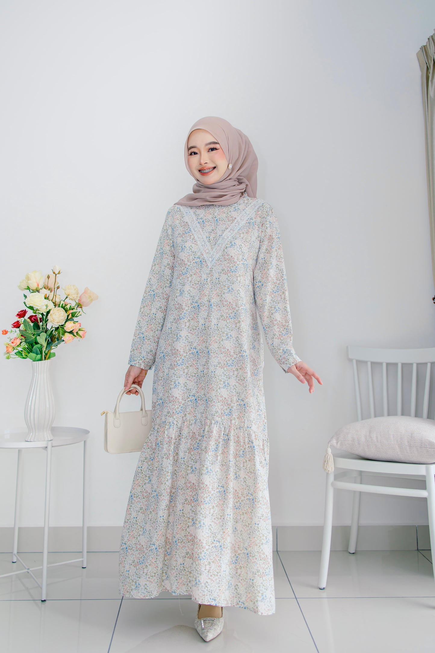 Helene Long Dress in Pastel White